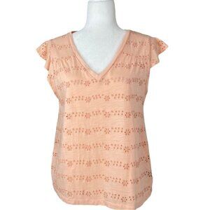 Sanctuary Women’s Peach Flutter Cap Sleeve Floral Eyelet Tunic Blouse S/C39